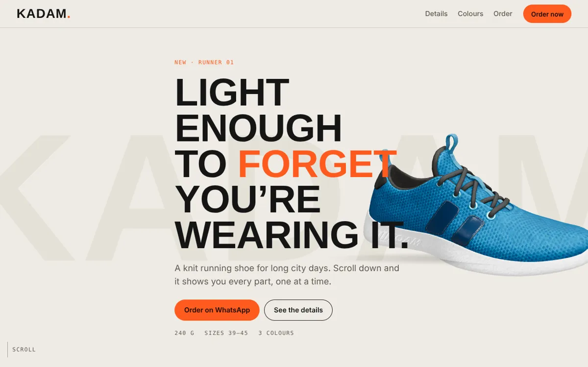 Kadam Runner sample page: a blue 3D running shoe next to the headline 'Light enough to forget you're wearing it'