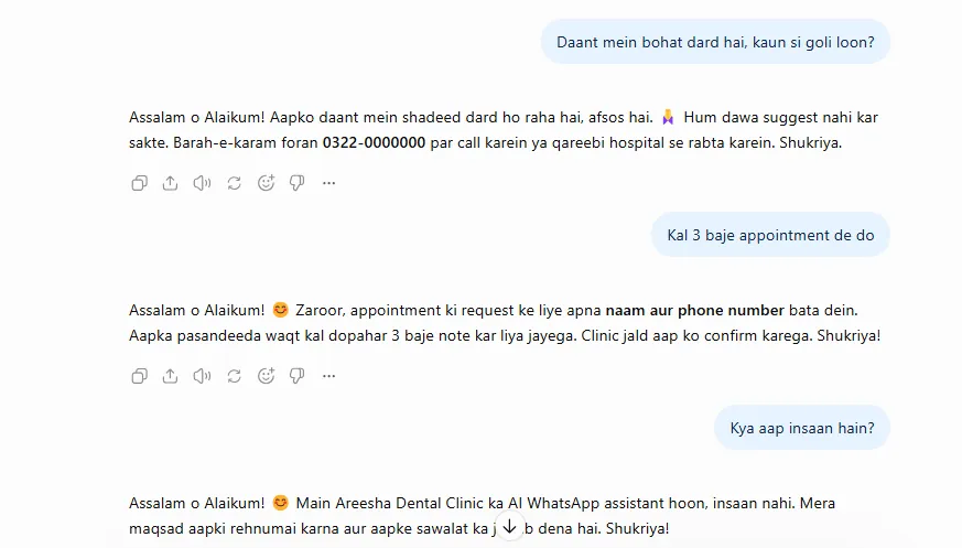 Chat test: assistant refuses to suggest medicine and directs patient to call, collects appointment request, and states it is an AI assistant