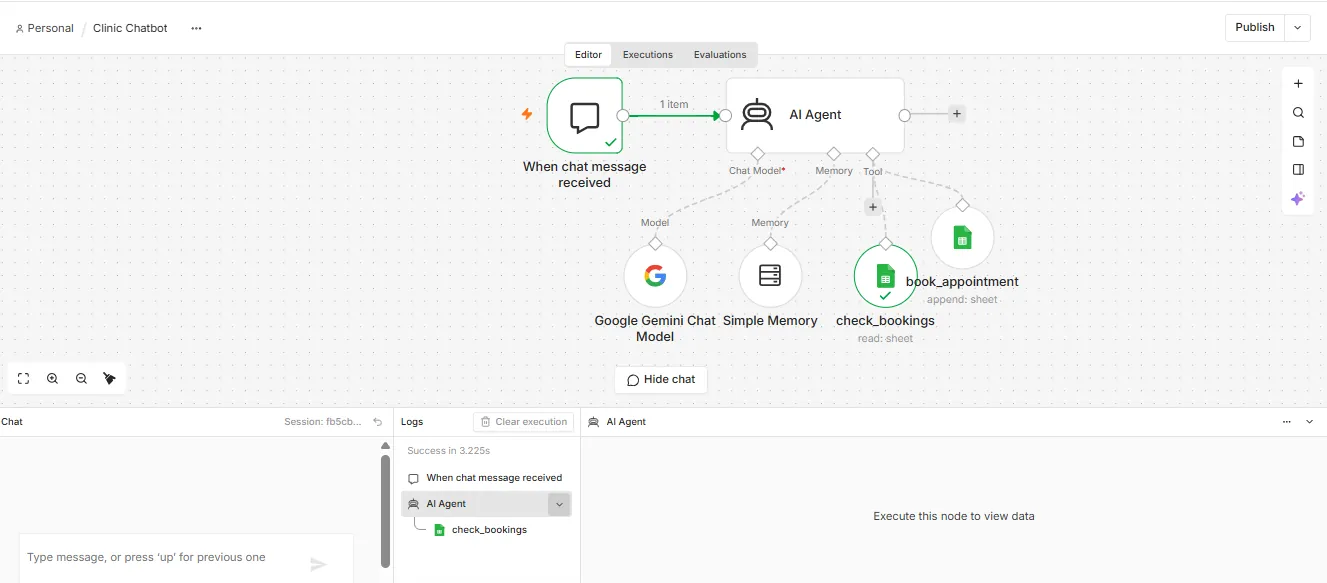 n8n canvas: chat trigger to AI Agent with Gemini model, memory, check_bookings and book_appointment Google Sheets tools