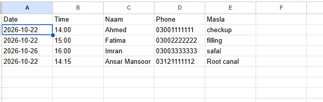Bookings sheet with new row 2026-10-22, 14:15, Root canal