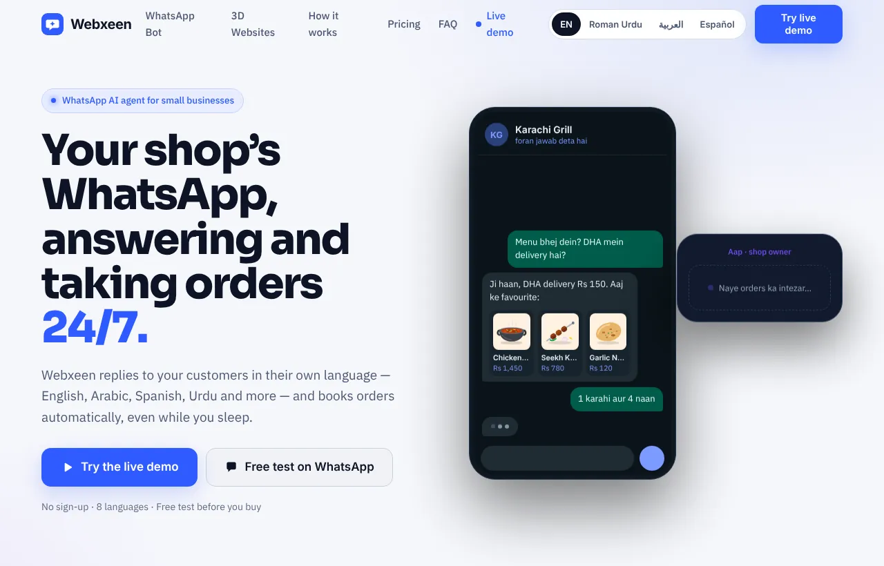 Webxeen homepage with the badge 'WhatsApp AI agent for small businesses'