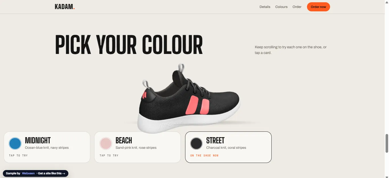 Pick your colour section with the shoe shown in charcoal and coral, and three colour cards