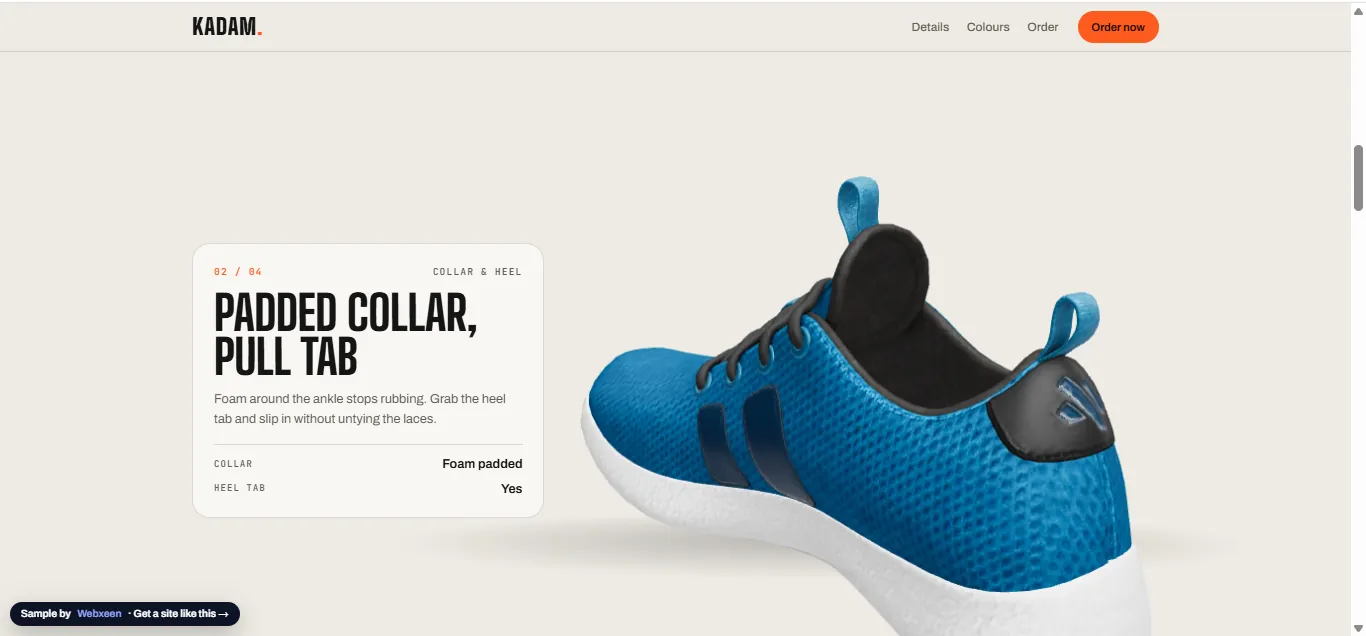 3D shoe rotated to the back next to card '02/04 Padded collar, pull tab'