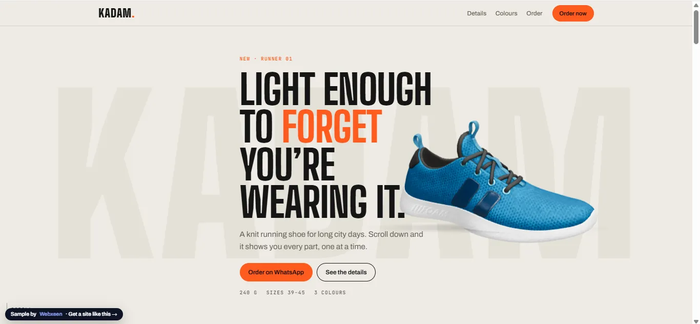 KADAM hero: headline 'Light enough to forget you're wearing it' beside a blue 3D running shoe