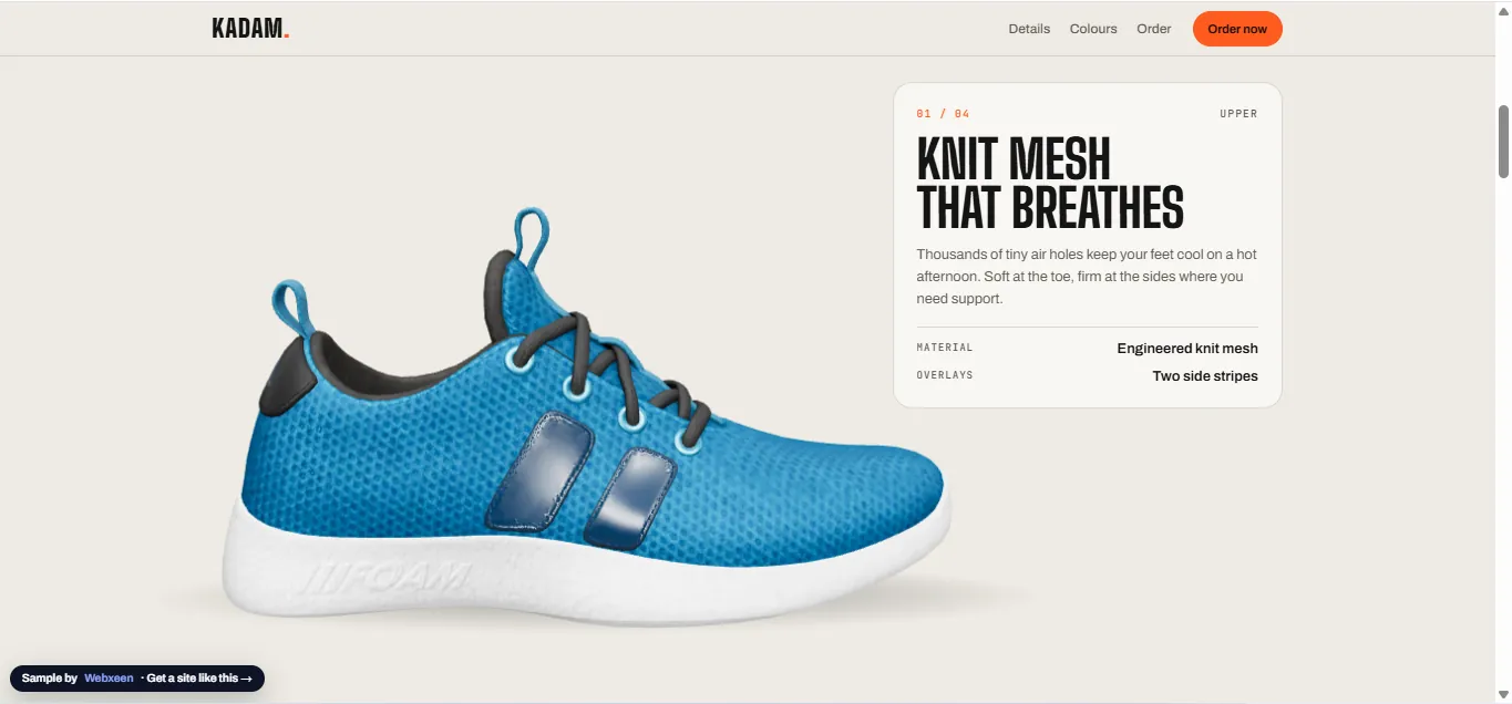 3D shoe side view next to card '01/04 Knit mesh that breathes'