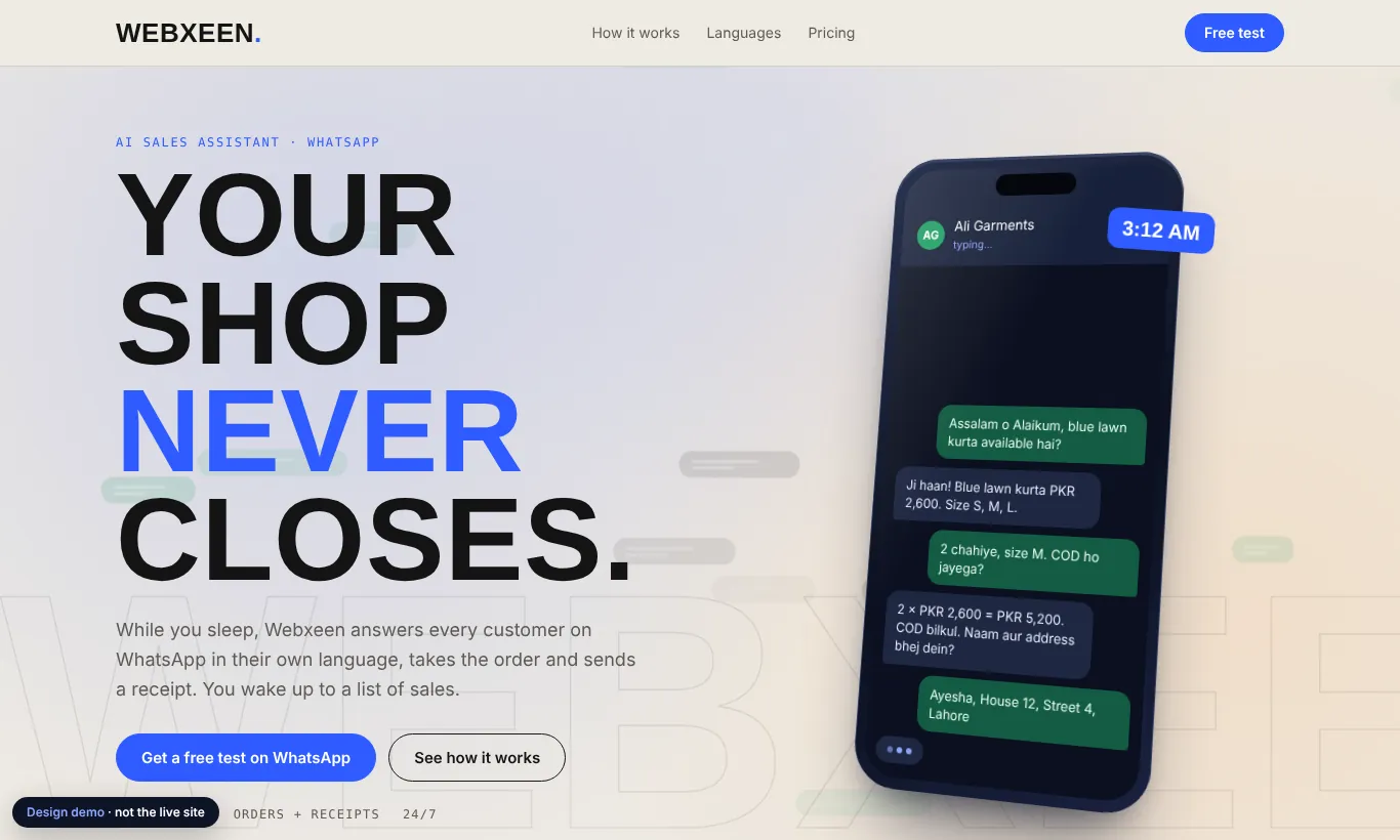 Redesign hero: headline 'Your shop never closes' beside a tilted phone running an order chat for Ali Garments