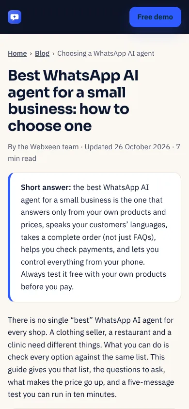 Blog article 'Best WhatsApp AI agent for a small business' on a phone