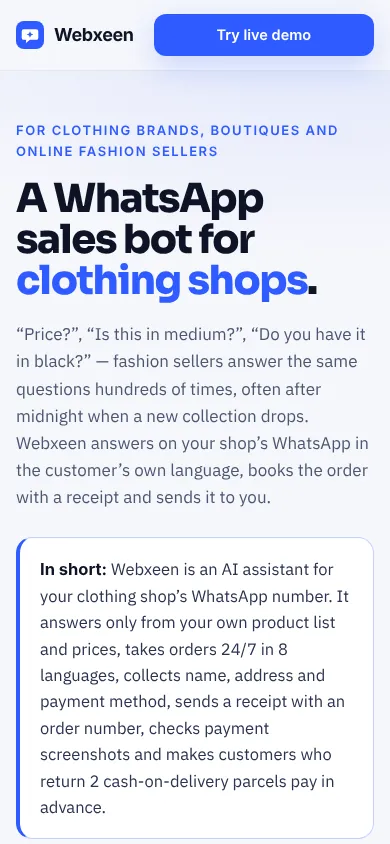 Clothing-shop landing page on a phone