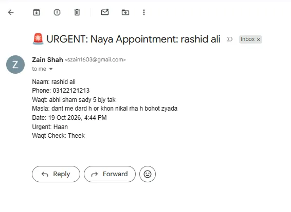 Email with subject URGENT Naya Appointment showing patient details, Urgent Haan