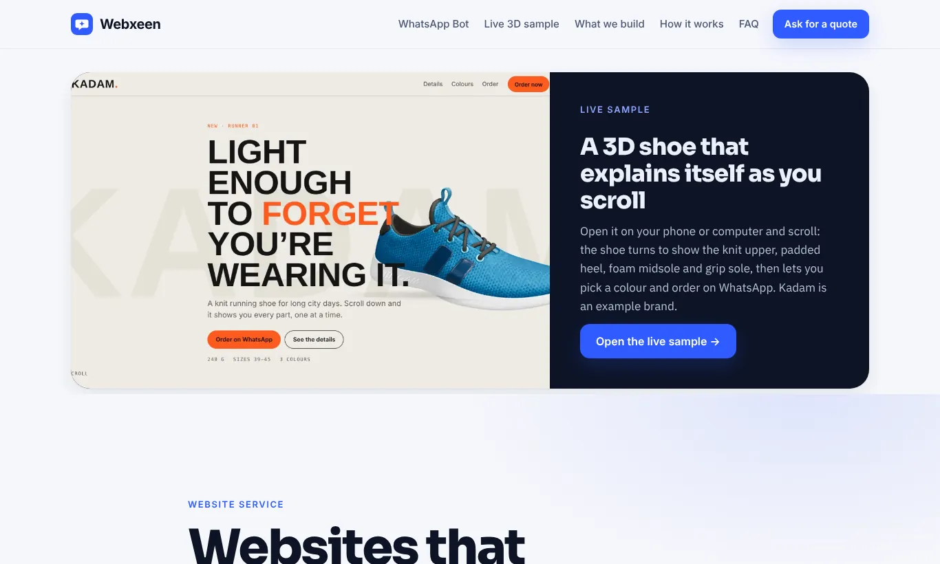 3D Websites page with the live KADAM sample shown first