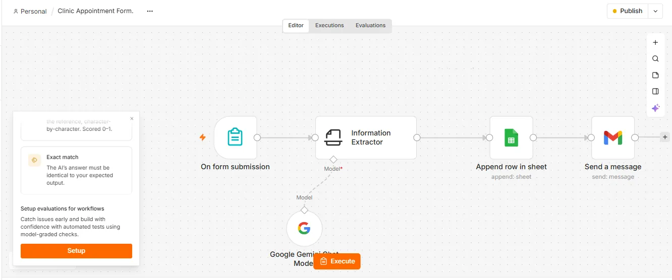 n8n workflow: form submission, Information Extractor with Google Gemini model, append row in Google Sheet, send Gmail message
