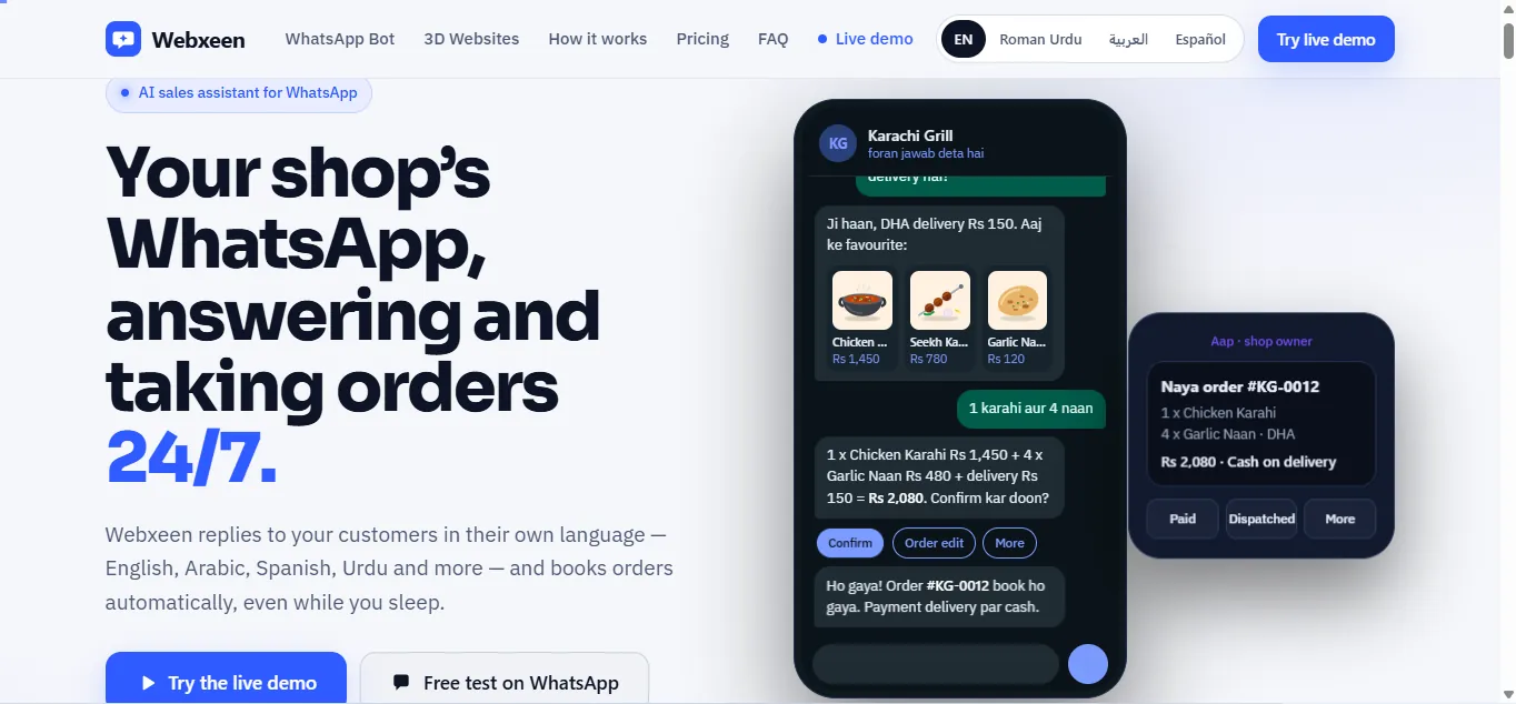 Webxeen homepage hero: headline 'Your shop's WhatsApp, answering and taking orders 24/7' beside a phone mock-up of an order chat