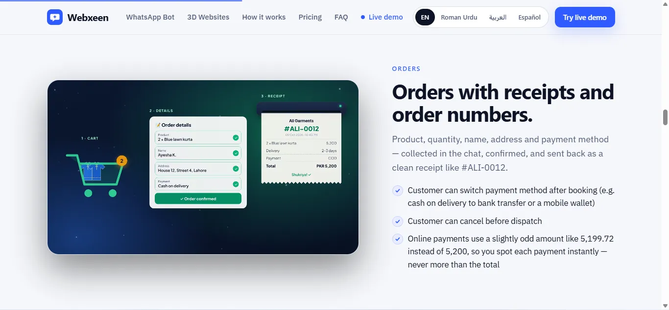 Orders section with cart, order details card and receipt #ALI-0012