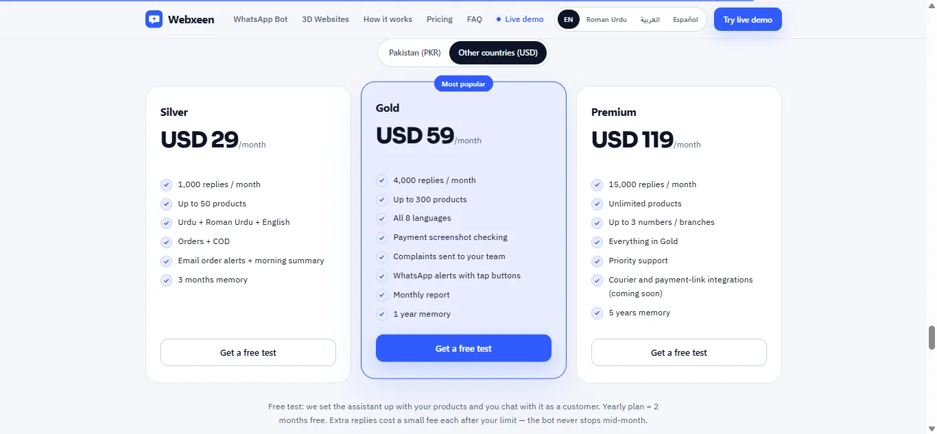Pricing section with Silver, Gold and Premium plans and a PKR/USD toggle