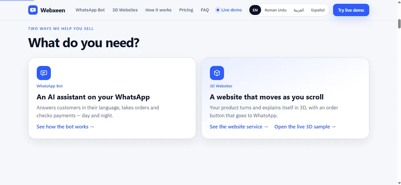Two service cards: WhatsApp Bot and 3D Websites with a link to the live 3D sample
